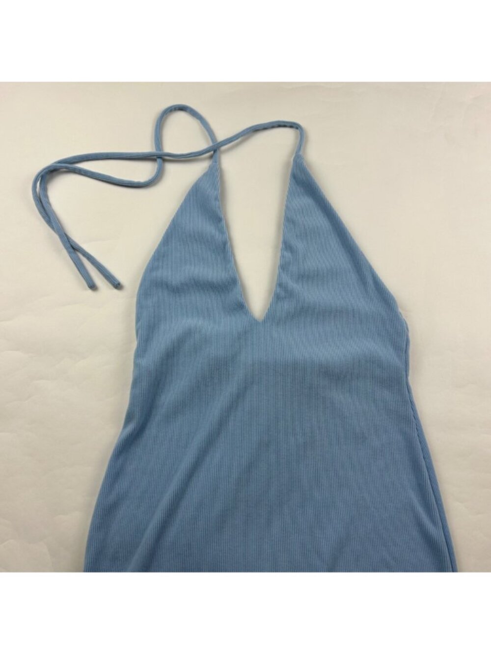MUSERA Light Blue Soft Ribbed Knit Tie Halter Midi Maxi Dress L - Picture 2 of 9